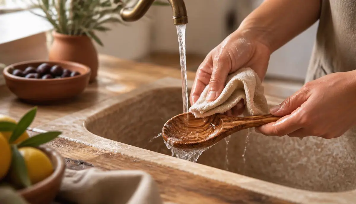 Hands washing a hand-carved olive wood spoon under warm running water with a soft cloth at a stone sink
