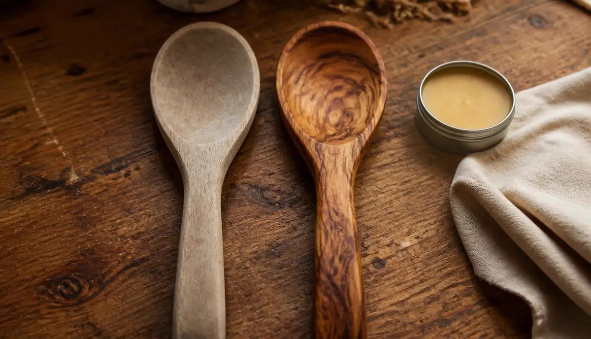 A dry, pale grey wooden spoon beside a freshly conditioned olive wood spoon with a tin of beeswax balm on a workbench