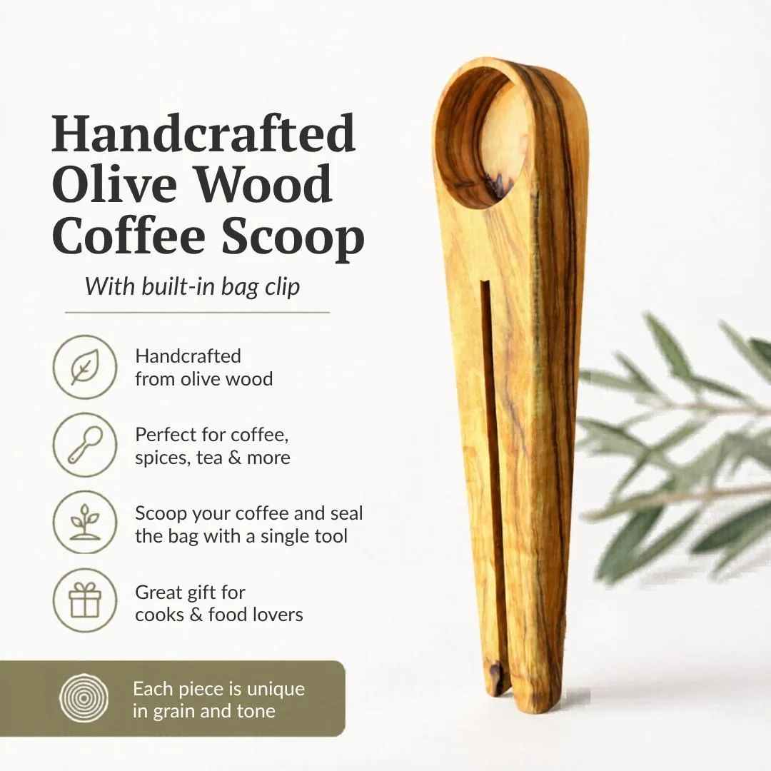 Olive wood coffee scoop with built-in bag clip standing upright with feature highlights