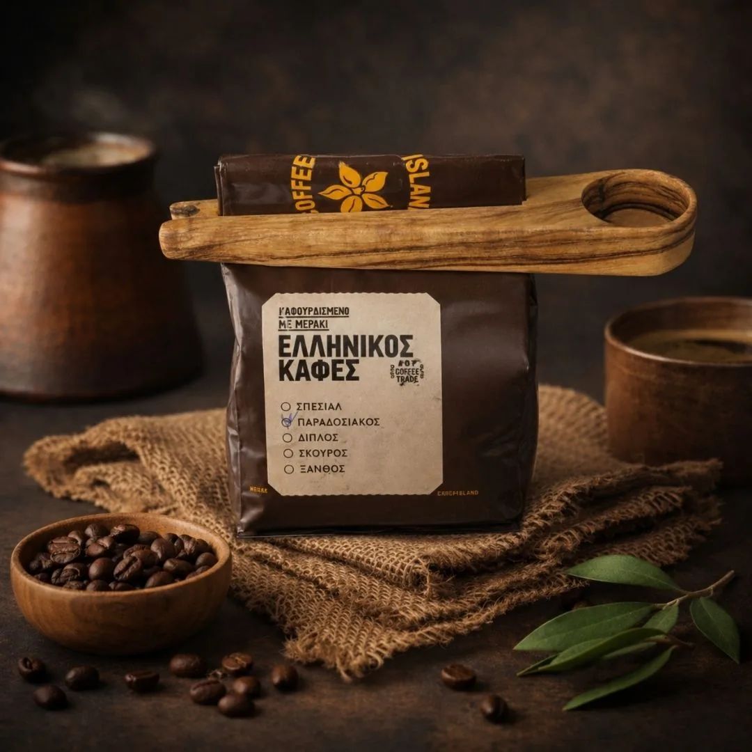 Olive wood coffee scoop clipped to a sealed bag of Greek coffee on burlap with beans and briki