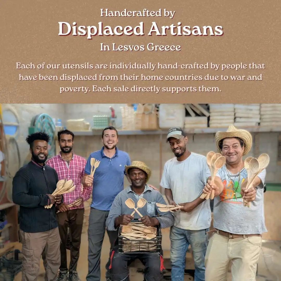 Handcrafted by displaced artisans in Lesvos Greece