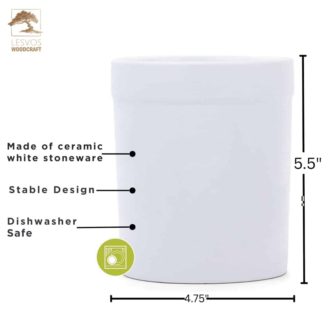Kitchen Utensil Holder and Organizer dimensions: 5.5" tall, 4.75" wide, ceramic stoneware, dishwasher safe